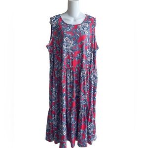 Emma & Michele Tiered Paisley Sleeveless Midi Dress Red Blue Plus Size 2X NWT